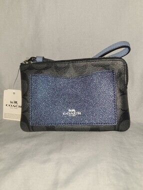 Coach Metallic Blue and Black Signature Wristlet